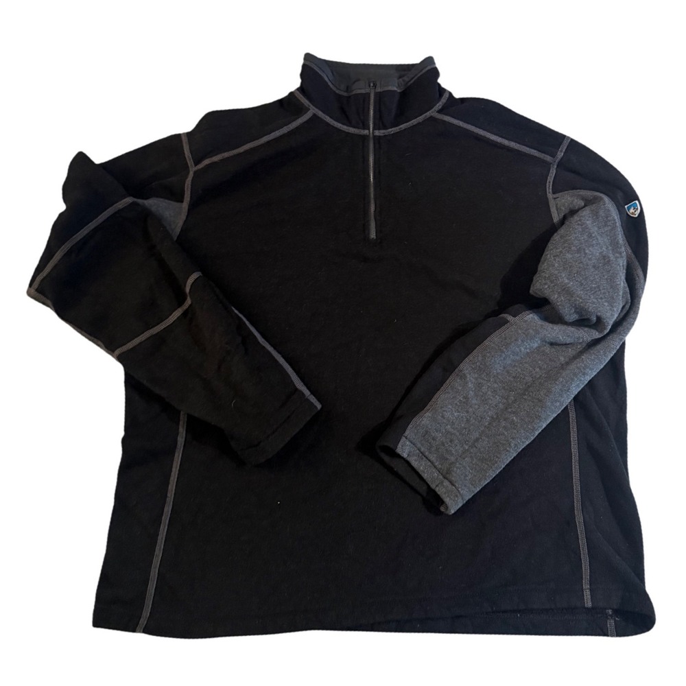 Kuhl Revel 1/4 Zip Pullover Sweater Mens XXL Black Gray Wool Blend Fleece Logo